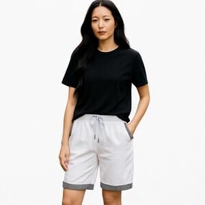 Linen Cotton Blend Elastic Drawstring Waist Sailor Themed Walking Shorts M (2646